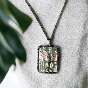 Handmade Tree of Life Abalone Shell Rectangular Necklace